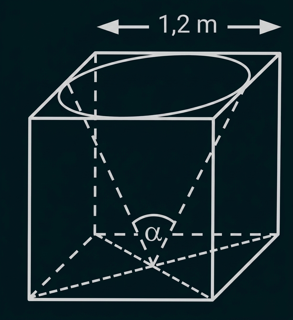 Geometrische Skizze eines Würfels mit eingezeichneter Ellipse und Maßangabe 1,2 m